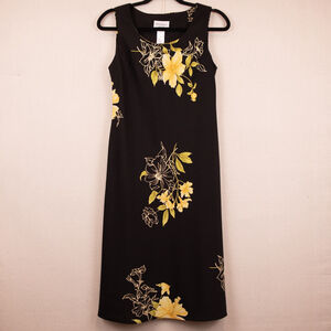 90s Studio I black yellow floral print sleeveless midi shift dress-6P